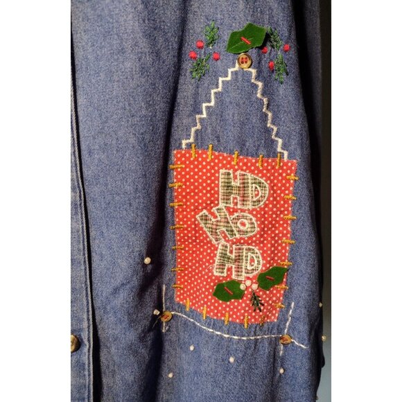 Vtg Victoria Jones Chambray Christmas Shirt Size 1X Plaid Patchwork Faux Pearls - Picture 4 of 8